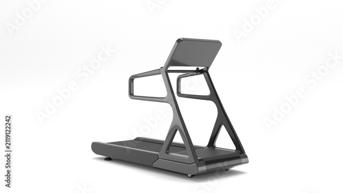Fotografie Modern black treadmill isolated on white background, 3D render of cardio equipme