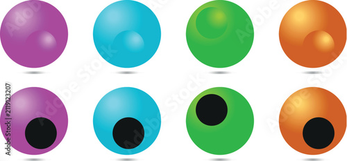 A set of eight colorful 3D-style spheres some featuring circular centers designed in vibrant purple blue green and orange. These icons are ideal for web interfaces gamification elements or modern