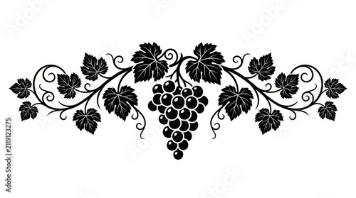 Elegant vintage style black and white illustration of a grape vine cluster with leaves for decorative design elements