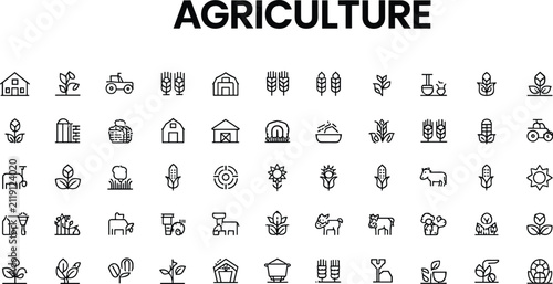 Agriculture and farming line icon set featuring barns tractors silos sunflowers corn crops livestock machinery and organic cultivation vector elementsAgriculture and farming line icon set featuring ba