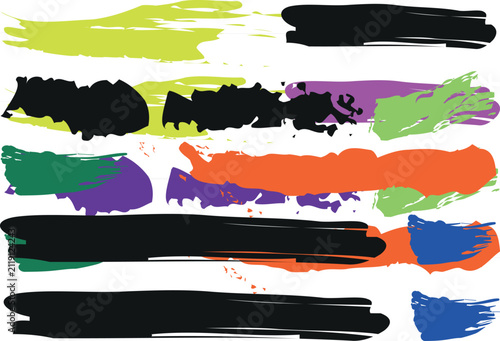 A collection of vibrant abstract paint brush strokes in various colors including lime black purple orange green and blue. This vector illustration is perfect for artistic backgrounds graphic design 