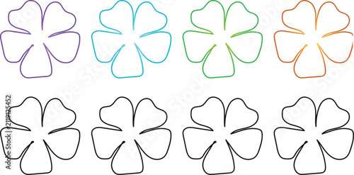 A set of elegant floral flower outlines in various colors including purple blue green and orange along with black line versions. These versatile illustrations are ideal for coloring books greeting 