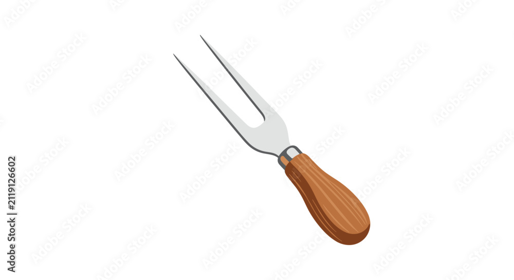 Obraz premium Meat or carving fork with two long metal tines and a smooth wooden handle is shown in a colorful vector illustration for cooking and dining.