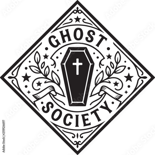 Принти на полотні Diamond shaped emblem with coffin at center surrounded by leaves and ribbons text ghost society at top and bottom vintage occult mystical spooky Halloween theme design