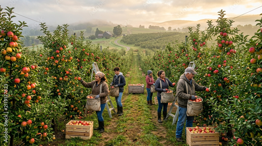 Fototapeta premium Apple Orchard Harvest: Diverse Farmers Picking Ripe Fruit at Sunrise