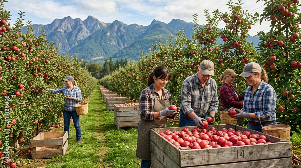 Obraz premium Apple Orchard Harvest: Farmers Picking Ripe Red Apples in Baskets with Mountains.