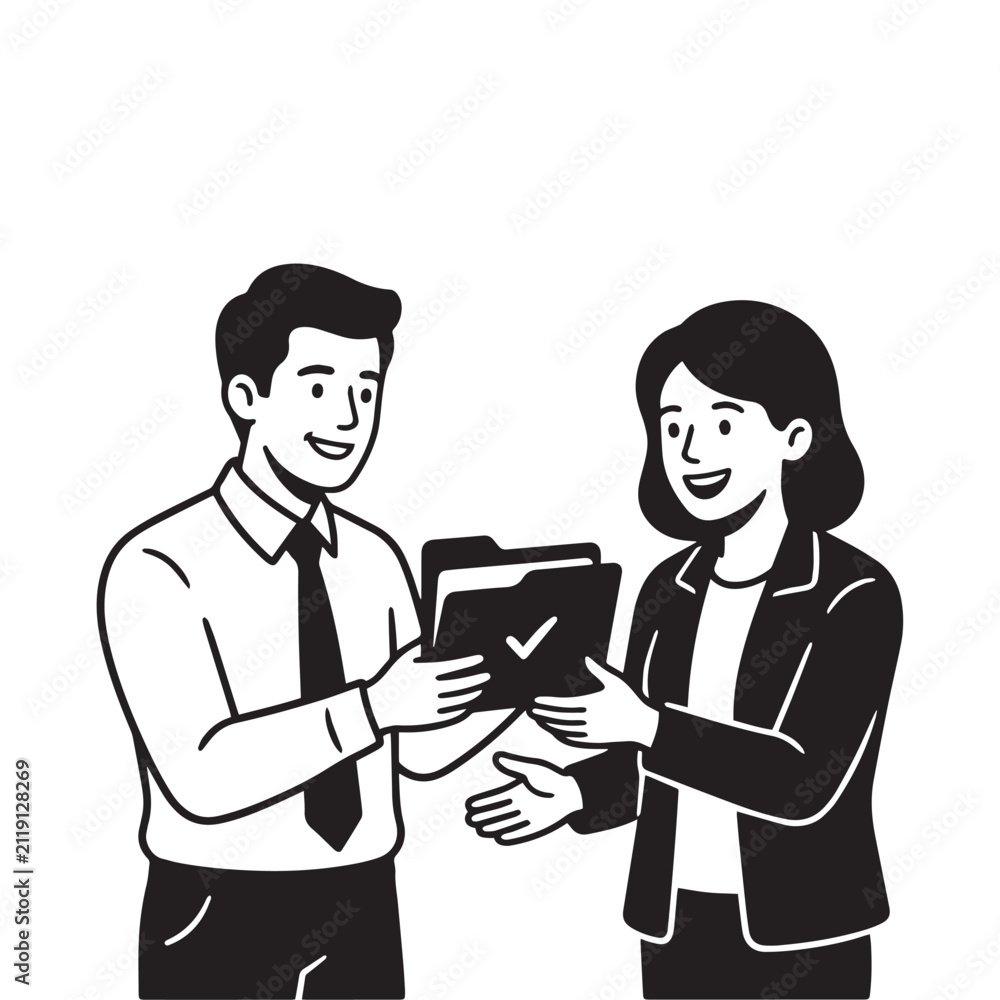 Fototapeta premium Businessman Handing Over Approved Document Folder with Check Mark to Businesswoman, Deal Approval Concept, Black and White Line Art Vector