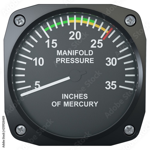 Aircraft manifold pressure gauge showing inches of mercury scale, isolated on a white background. 3D render image.
