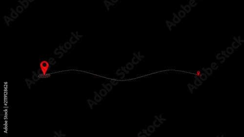 Red location pin and route line animation on a black background, showing navigation, GPS tracking and location mapping concept.