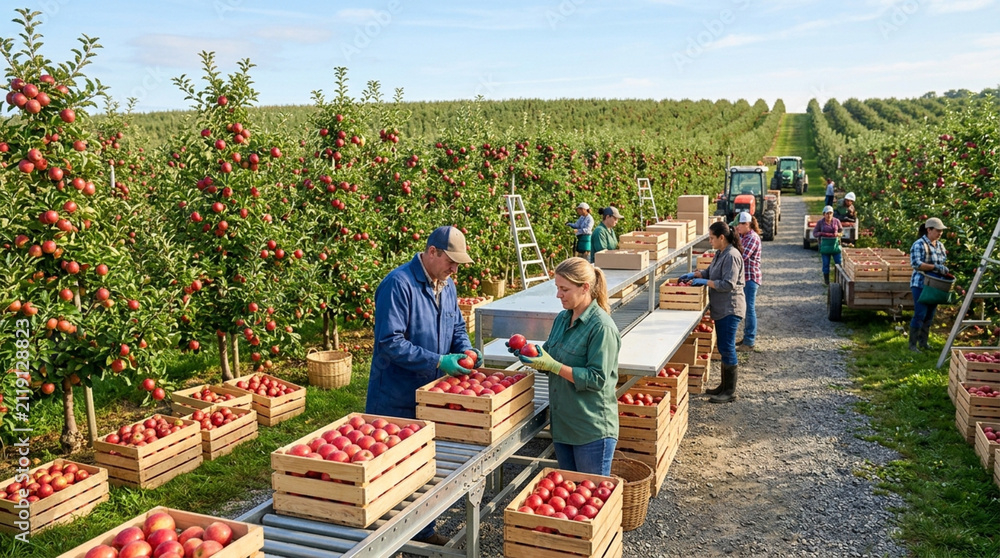 Fototapeta premium Apple Harvest: Workers sorting ripe red apples on conveyor belt in orchard