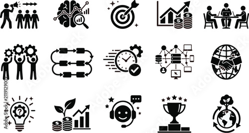 A collection of black and white business icons representing leadership teamwork strategy growth productivity communication and global corporate success concepts