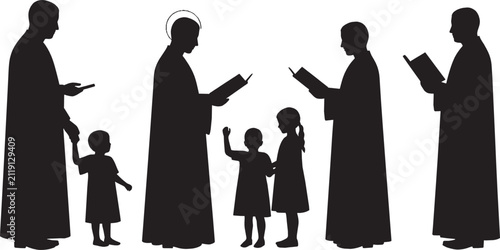 Black silhouette of a priest reading a bible with children and adults in a church ceremony isolated on transparent background, Vector