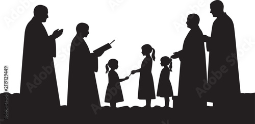 Silhouette of a priest reading a book to a group of children and adults during a religious ceremony or church service isolated on transparent background, Vector
