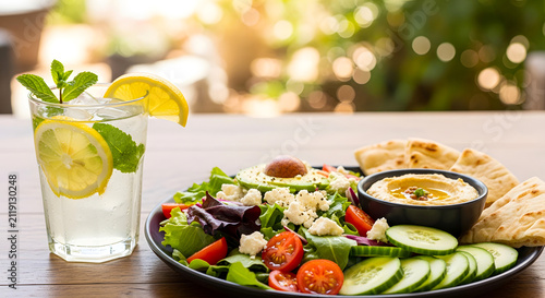Fresh Mediterranean Salad Plate with Hummus and Lemonade