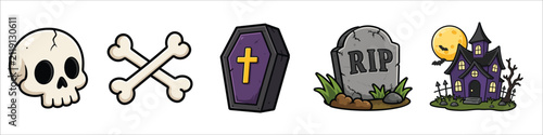 Spooky Halloween Graveyard Objects Cartoon Sticker Bundle Vector