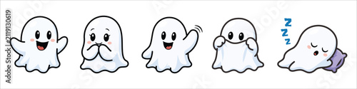 Cute Friendly Ghost Expressions Cartoon Sticker Collection Vector