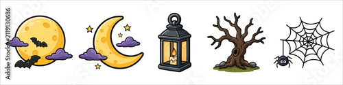 Cute Halloween Night Sticker Set Cartoon Vector Illustration