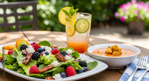 Fresh Berry Salad and Soup Lunch on a Garden Table