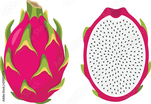 Exotic food graphic design element featuring a bright pink dragon fruit with white seeded half