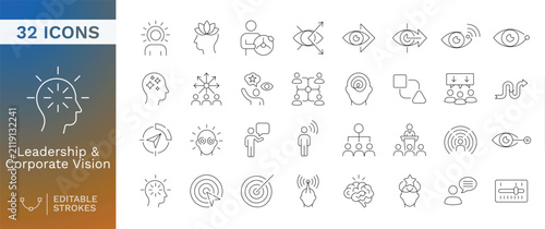 Leadership and Corporate Vision Icon Set, 32 Thin Line Editable Stroke Vector Icons for Business Strategy, Management, Strategic Planning, and Professional Growth