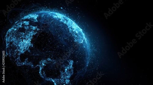 Floating holographic Earth built from billions of glowing blue particles connected by neural data lines, deep dark background, AI, global