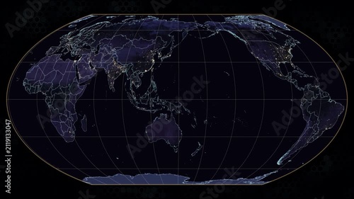 Wagner 4 world map projection. Earth rotates with glowing night city lights. Visible cyan borders, amber graticules, hexagonal animated background. Seamless loop. 4K resolution. Night view.