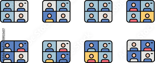 Video conference grid icon set featuring virtual screen layout for online meeting team communication webinar and remote work vectorVideo conference grid icon set featuring virtual screen layout for on