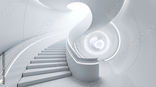 Modern spiral staircase inside a bright futuristic building