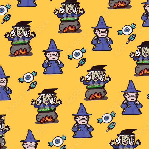 Quirky witch brewing potion and eyeball candy seamless pattern