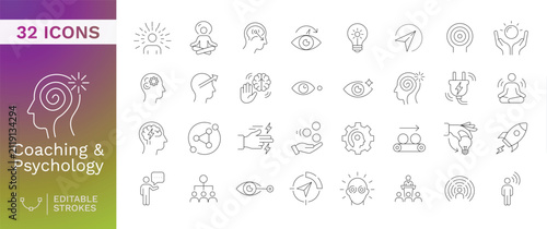 Coaching and Psychology Icon Set featuring Mental Health, Mindfulness, Personal Growth, and Therapy Symbols in Thin Line Style for Wellness and Professional Development