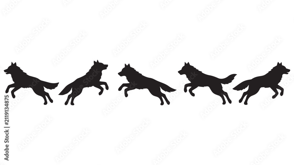 Fototapeta premium Black Silhouette Wolves Running in Motion Sequence Vector Illustration for Pack Design, Branding, or Nature Art