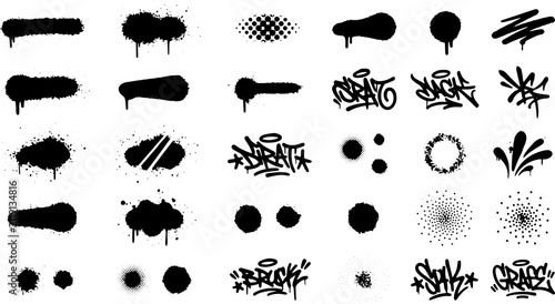 Street art graffiti spray paint drips and halftone dot textures vector set
