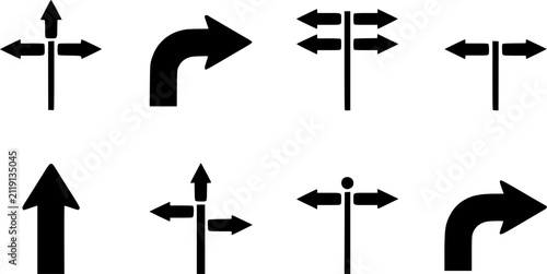 Navigation and directional arrow sign icon set featuring multi directional crossroads, curved turn arrow, guidepost signpost, straight arrow, and junction pointer vector illustration.