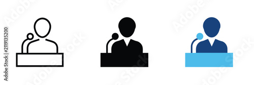 Public Speaker Icon Set Showing Professional Presentation at Podium for Conferences, Seminars, Lectures, and Corporate Events