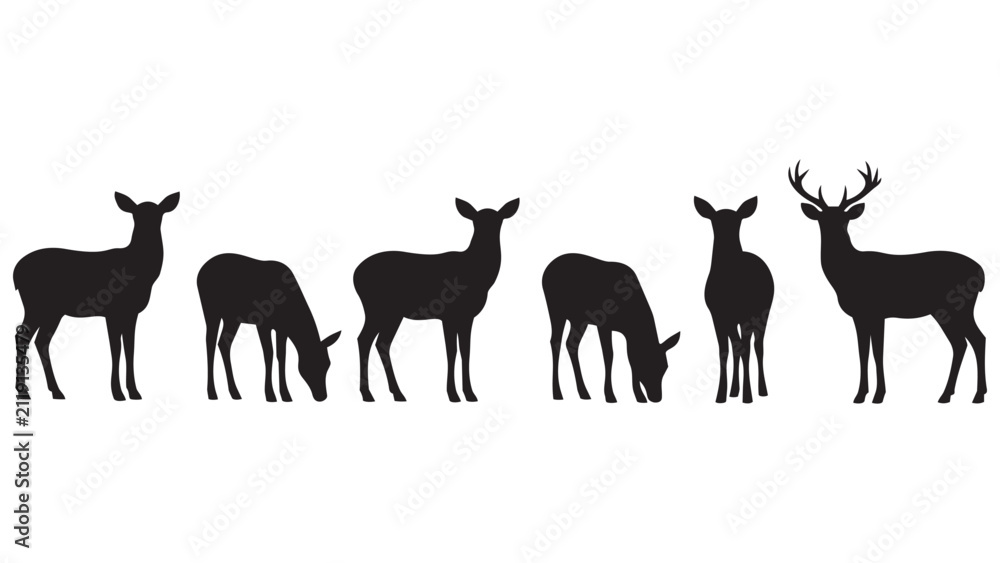 Naklejka premium Silhouette Deer Herd Illustration - Minimalist Black Deer Line Art for Nature, Wildlife, and Forest Design Projects