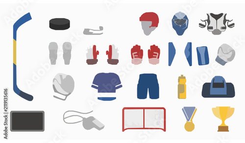 Canvas Print Flat vector ice hockey equipment set with player gear skates stick puck net and