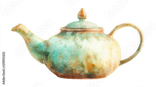 Luxury ceramic teapot illustrated with soft sage, cream and terracotta watercolor washes, elegant handmade paper texture, isolated on white