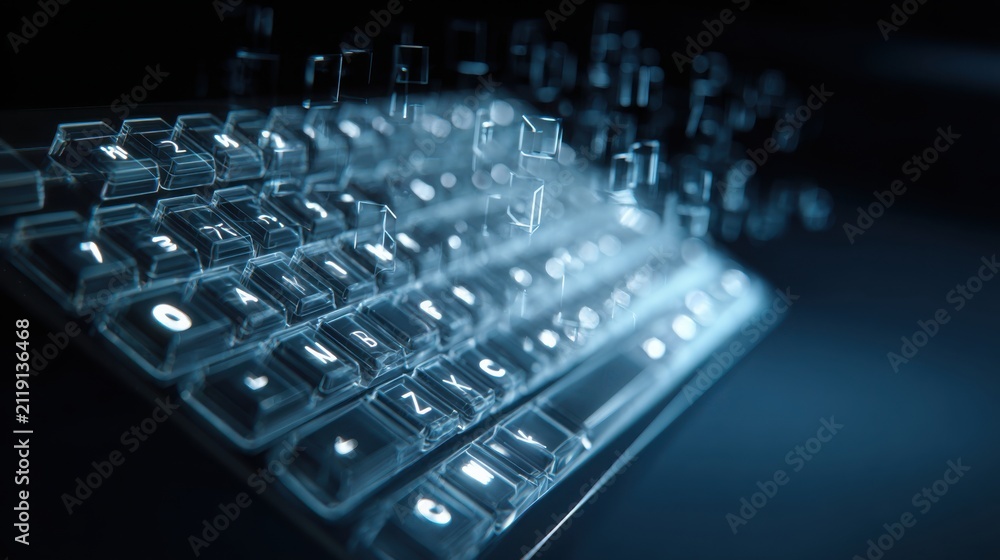 Fototapeta premium Luxury transparent keyboard projecting glowing floating letters into the air, elegant dark workspace, blue neon atmosphere, advanced AI productivity