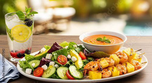 Grilled Shrimp Skewers with Fresh Salad and Cold Drink