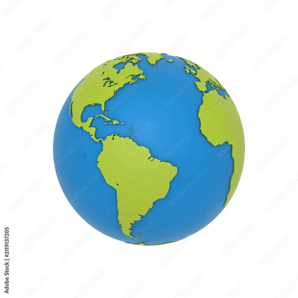 Fototapeta premium Stylized 3D earth globe showing North and South America, green and blue planet earth illustration, global world map sphere for environmental concepts isolated on Transparent Background