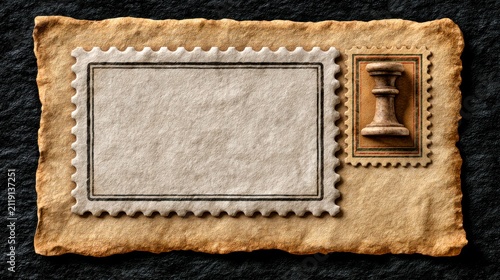 Blank antique postage stamp placed on weathered parchment with sharp macro focus and side lighting for philately and historical branding