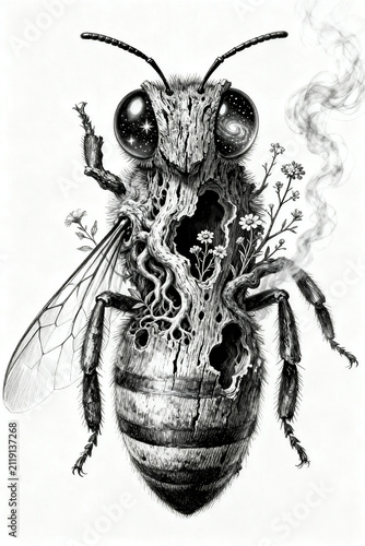 Surreal Charcoal Drawing of a Honey Bee with a Weathered Wooden Head and Blooming Wildflowers