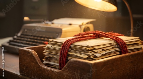 Stack of old paper letters bound with red string in a wooden tray near a vintage typewriter.
