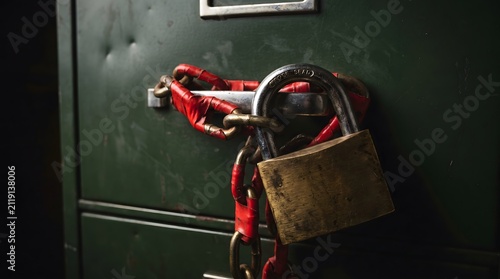 Heavy brass padlock and chain wrapped with red tape locking a green metal file cabinet.