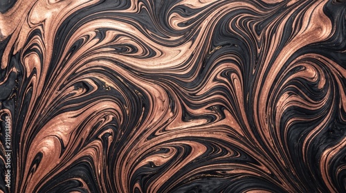 Abstract background of swirling black and metallic copper liquid paint, creating a luxurious marblelike texture