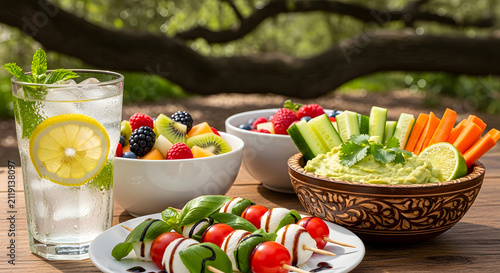 Healthy Summer Picnic Spread with Fresh Snacks and Drinks