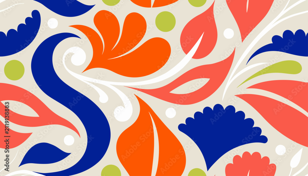 Fototapeta premium Vibrant Botanical Scroll Pattern Seamless Rococo Style Illustration