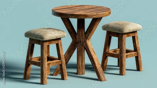 Wooden bar stools and high round table standing on a minimalist background in a sharp studio shot for interior design and furniture marketing