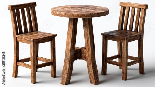 Rustic wooden bar stool set and round high table isolated on white in a sharp macro studio shot for interior design and furniture marketing