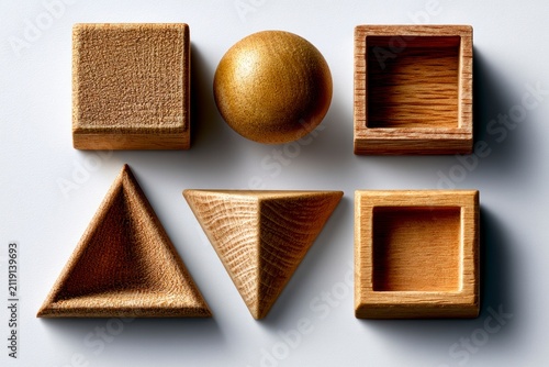 Wooden geometric blocks on white surface in sharp macro focus with soft shadows for education and architecture branding